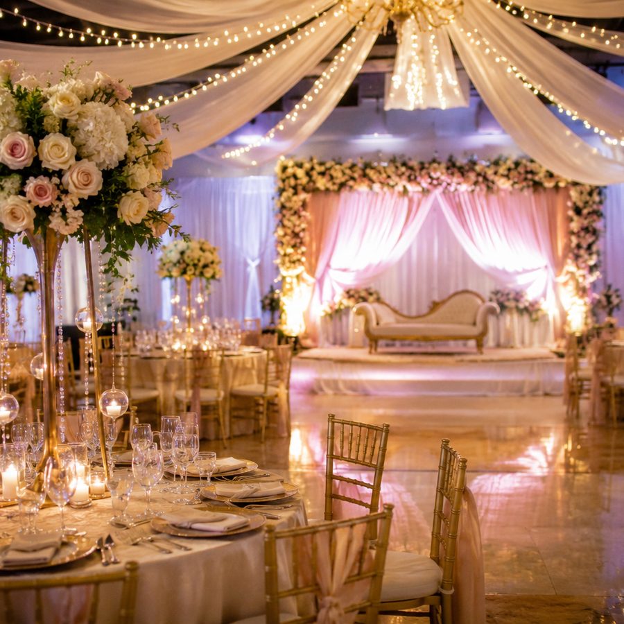 A decorated reception room with floral displays and styled table settings